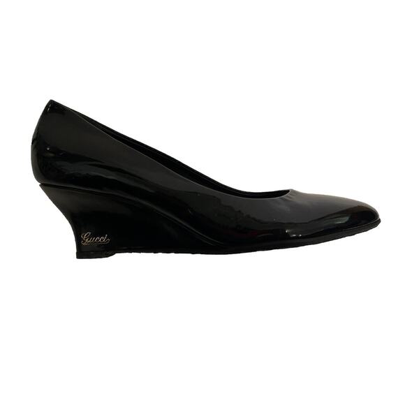 Gucci Black Round Toe Patent Leather Wedges - Size 37.5 - Picture 1 of 7